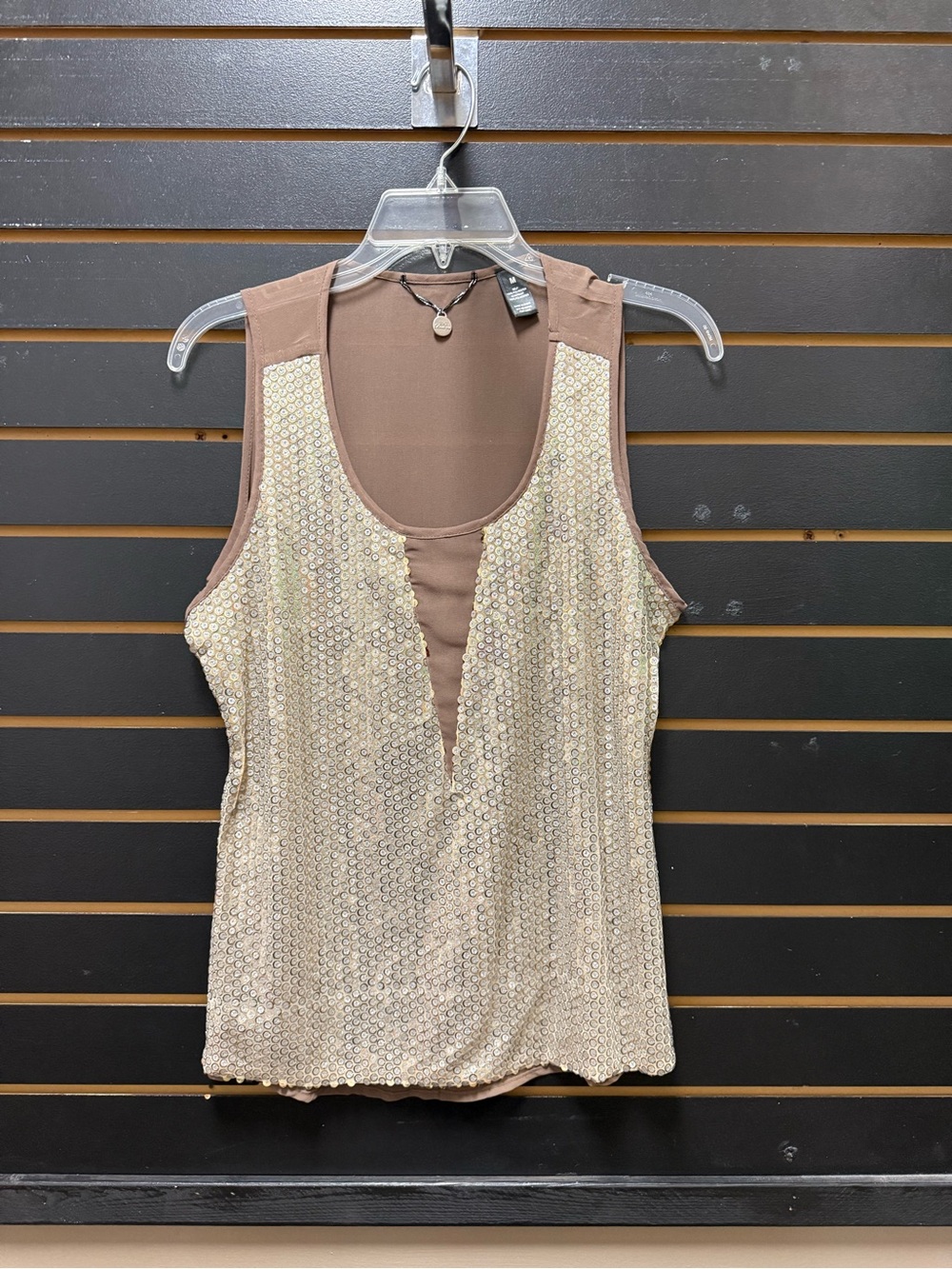 BKE Sequin Sheer Back Sleeveless Top Taupe Champagne Size M